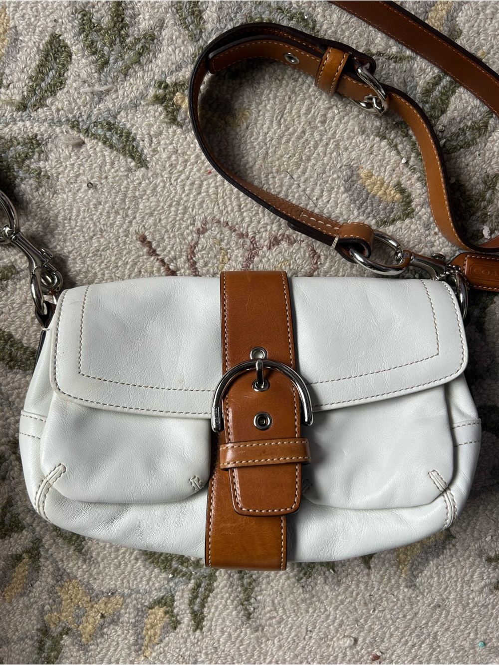 Coach White Leather Crossbody with Tan Leather Strap and Buckle